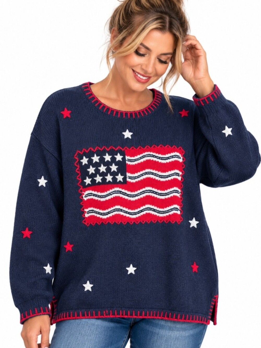 The Quacker Factory American Flag Stars Navy Sweater Large Patriotic Americana
